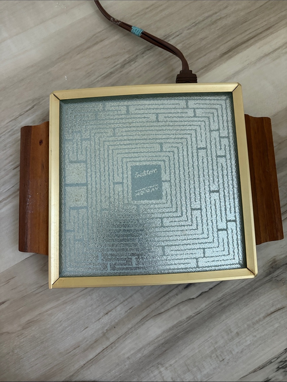 Gold Framed Glass insert with Wood Handles - vintage pot warmer